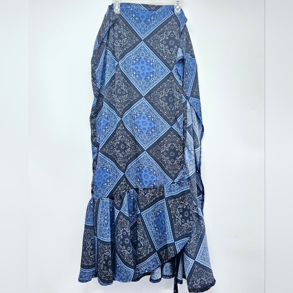 LIRA Elsa Wrap Skirt Navy Blue Bandana Print Front Slit Ruffle Hem Size M